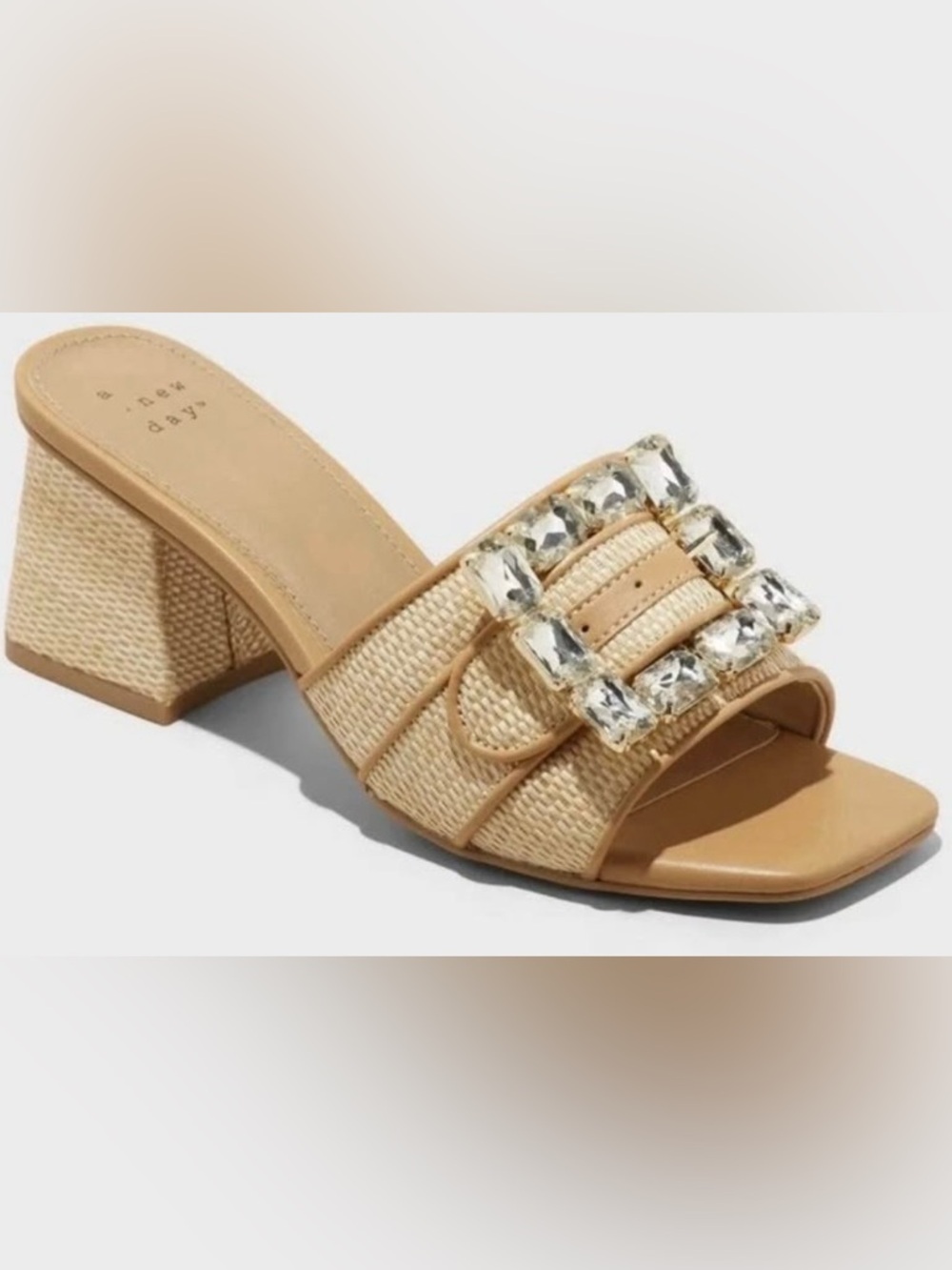 Women’s Tan Woven Slide Sandals with Jewel Buckle
